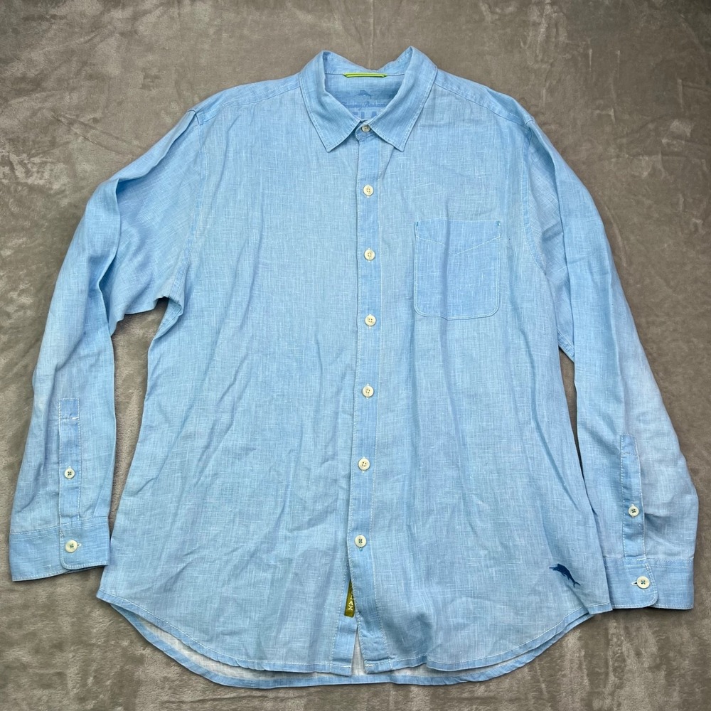 Tommy Bahama Sea Glass Breezer Linen Shirt Men Large Blue Breathable Logo Pocket - Picture 2 of 12